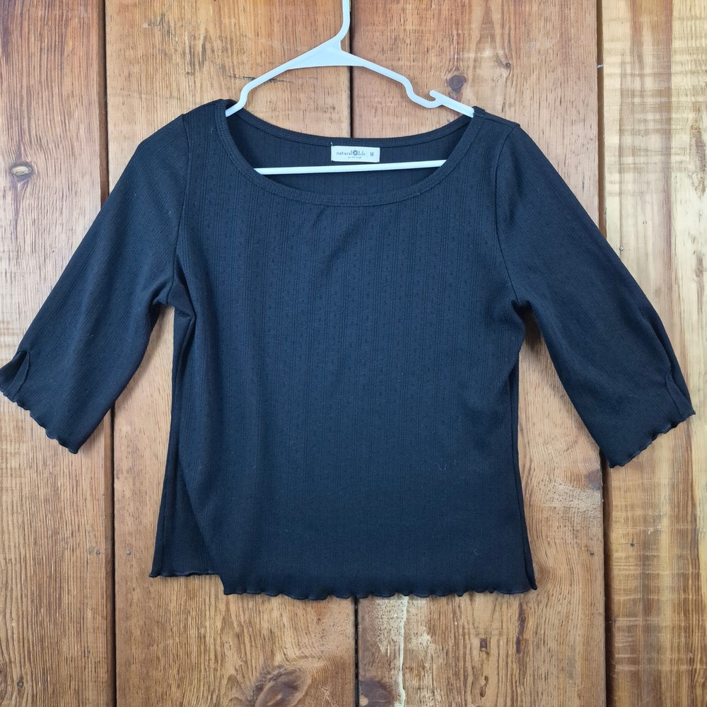 Natural Life Black Pointelle Lettuce Edge Scoop Neck 3/4 Sleeve Top Medium